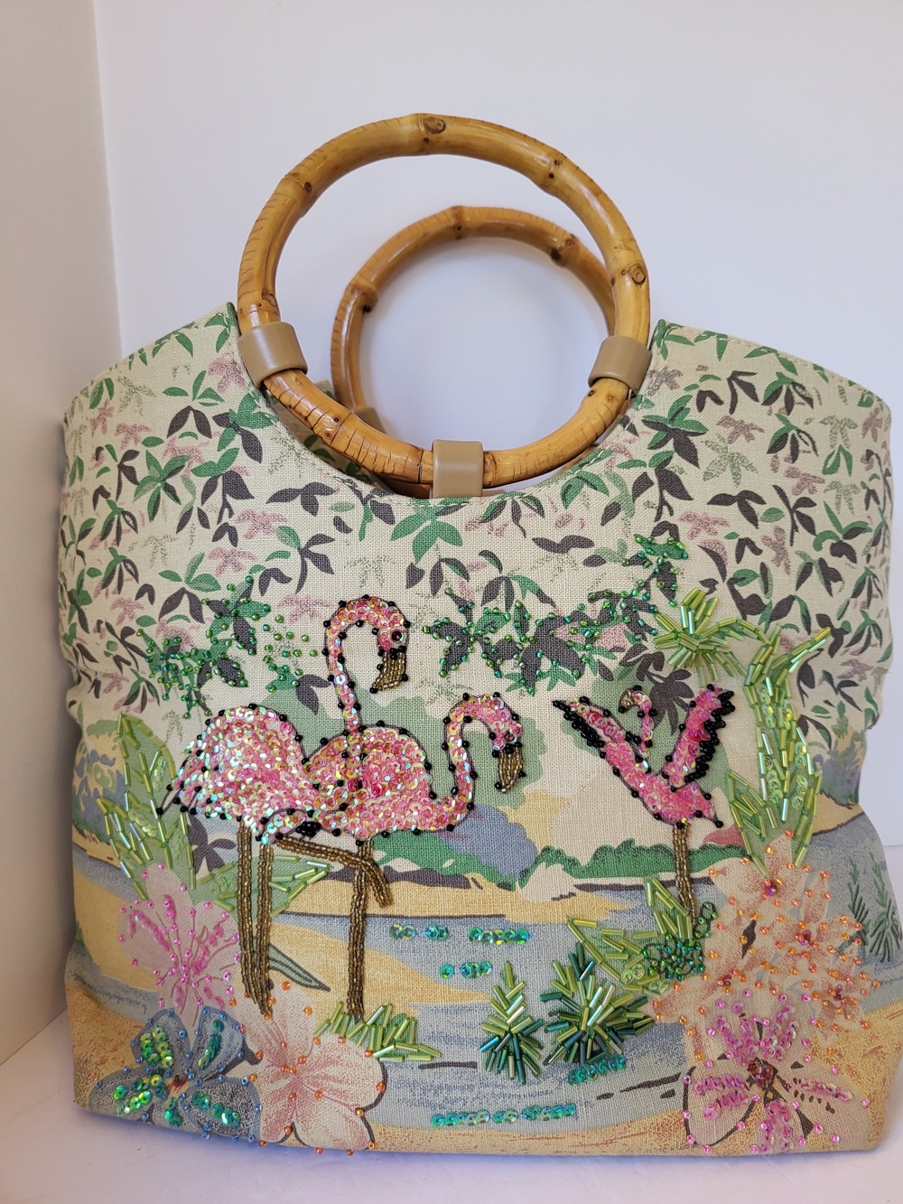 Y2K Marlo Beaded Flamingo Bamboo-Handle HandBag
